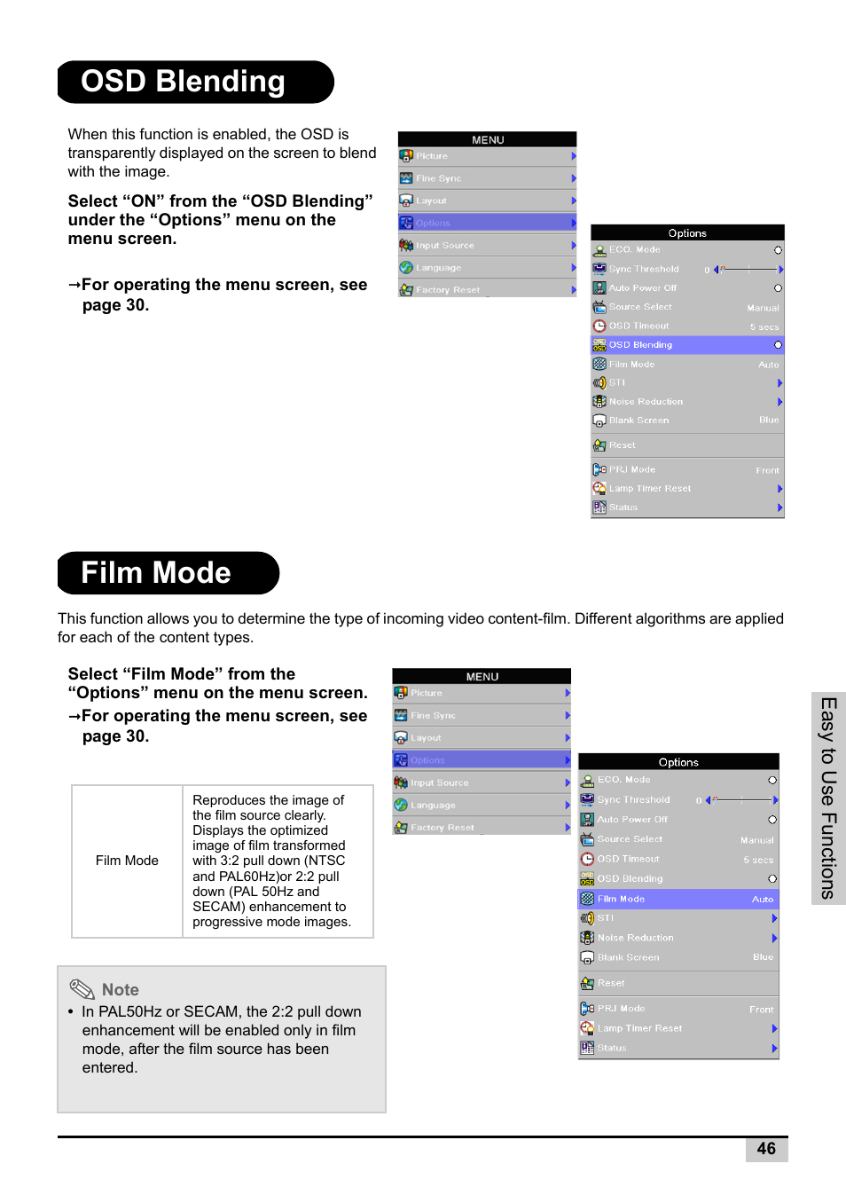 Osd blending, Film mode, Osd blending film mode | Knoll Systems Front Projector 1080p DLP User Manual | Page 47 / 68