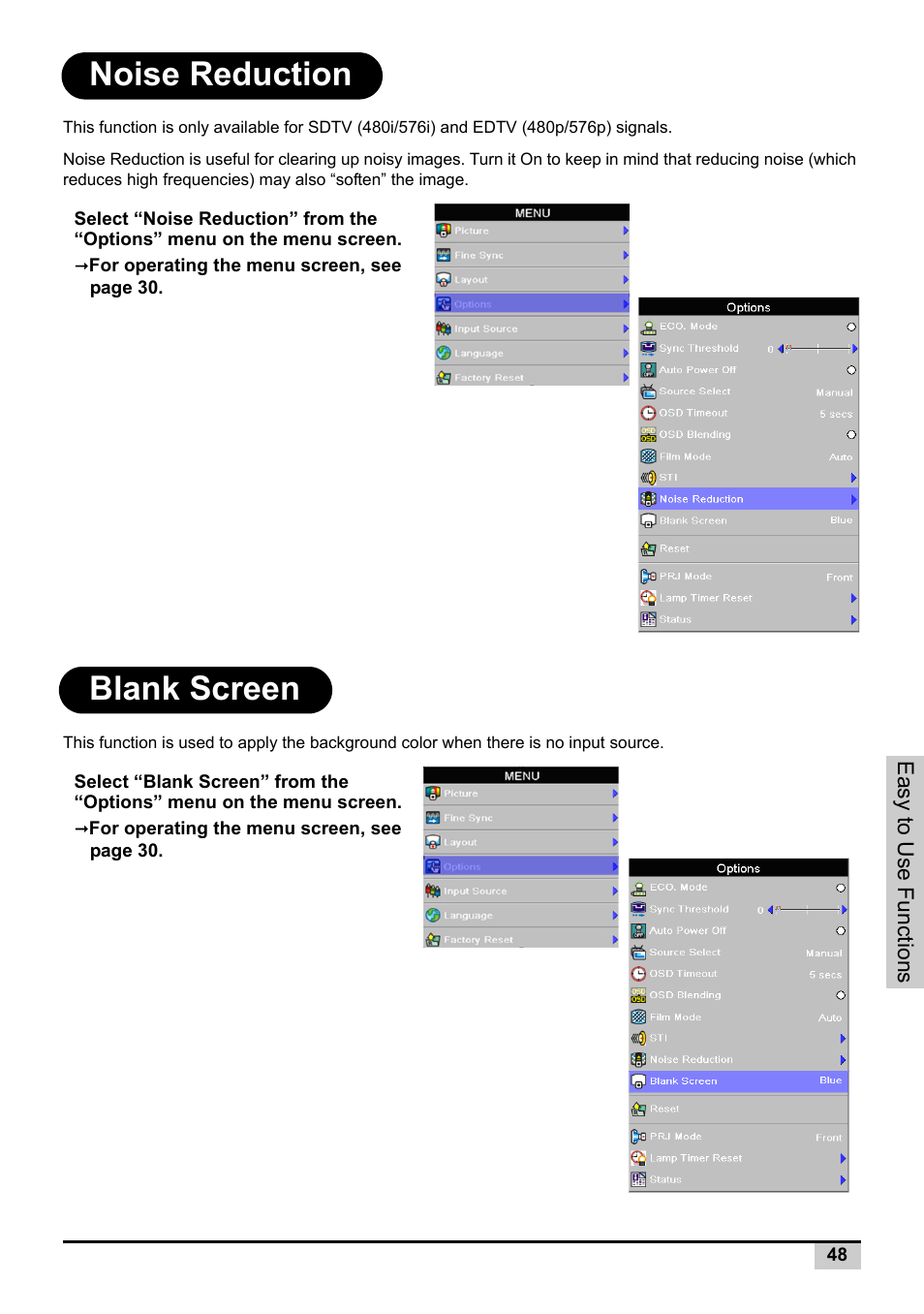 Noise reduction, Blank screen, Noise reduction blank screen | Knoll Systems Front Projector 1080p DLP User Manual | Page 49 / 68