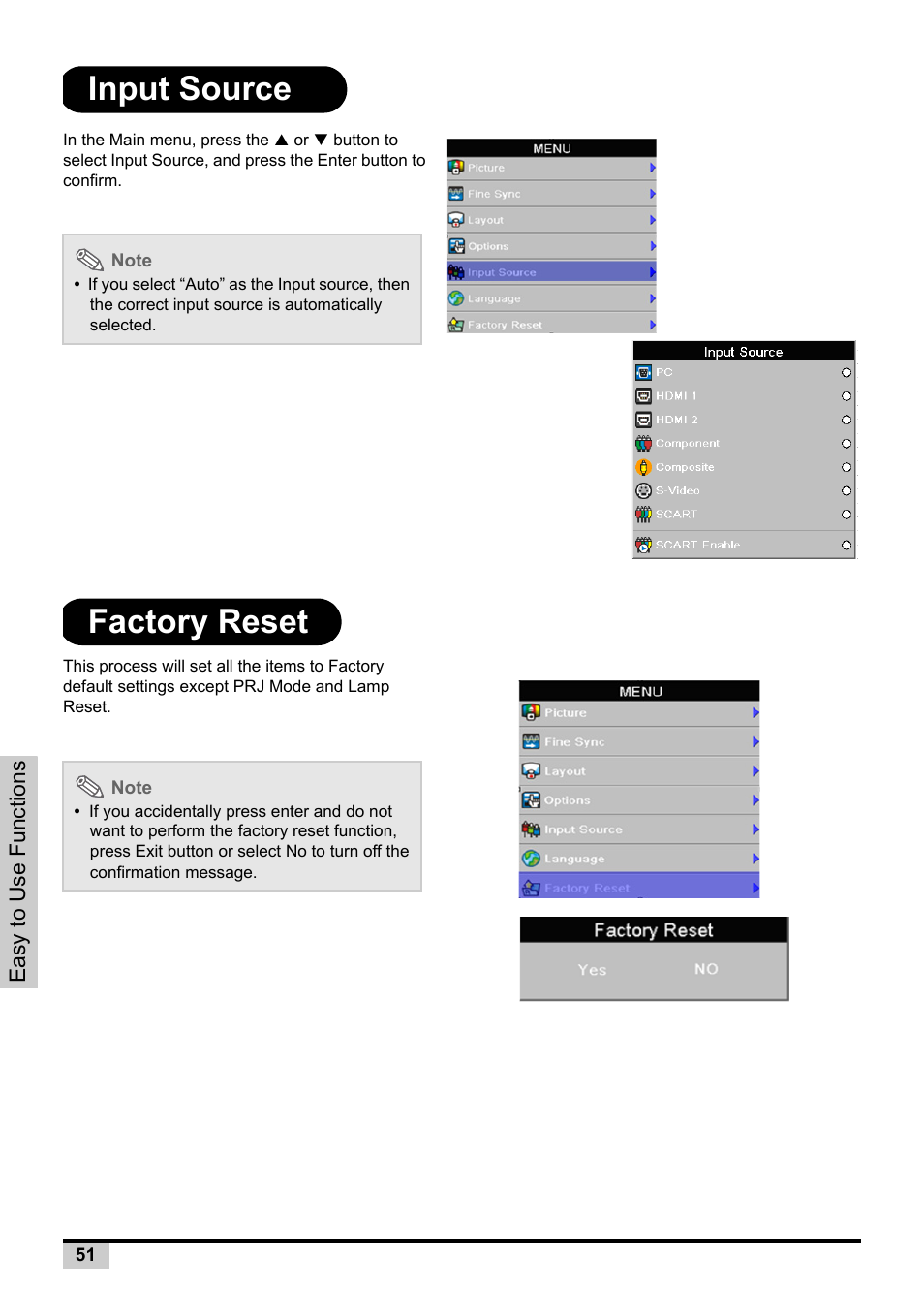 Input source, Factory reset, Input source factory reset | Knoll Systems Front Projector 1080p DLP User Manual | Page 52 / 68