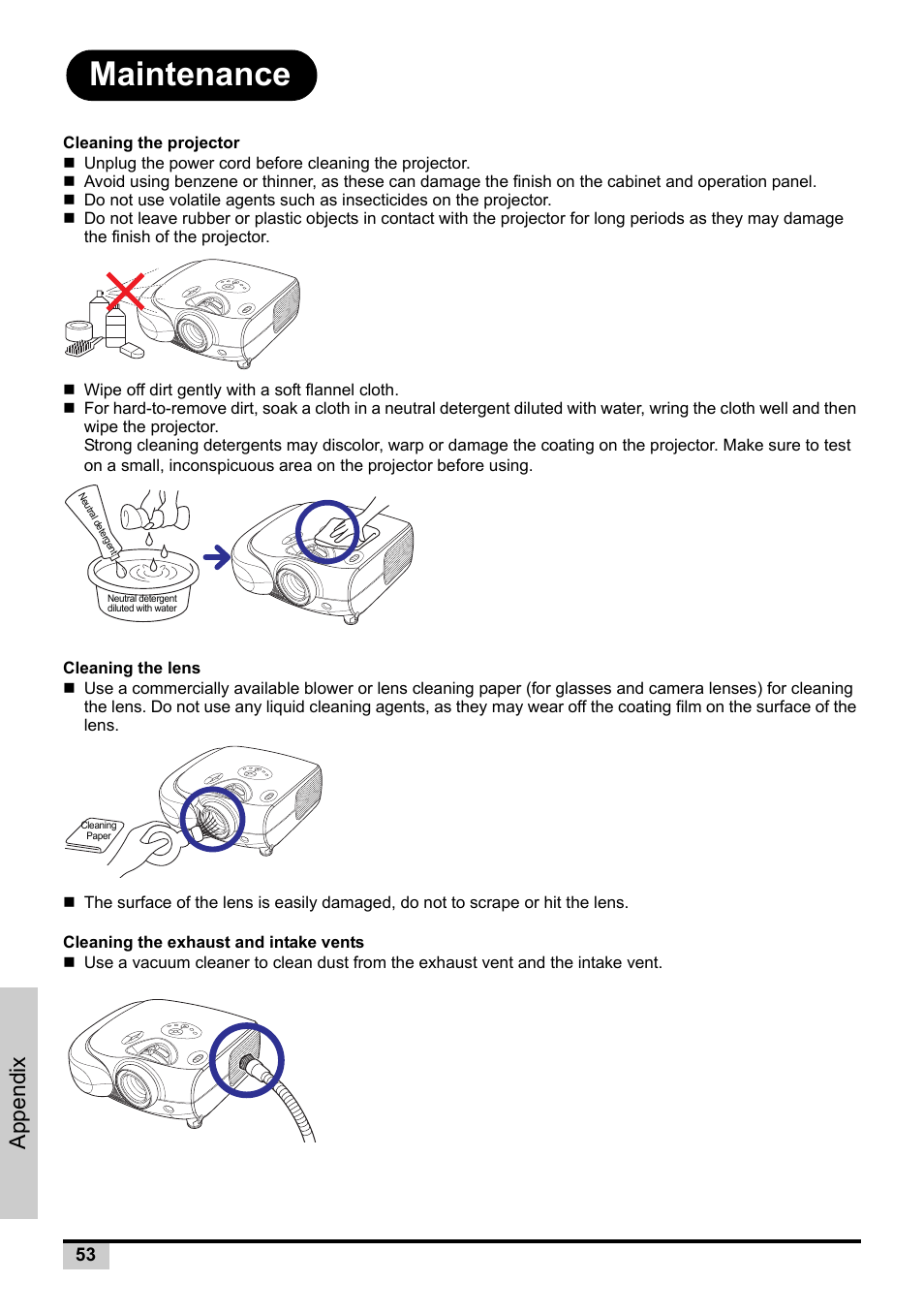 Maintenance, Appendix | Knoll Systems Front Projector 1080p DLP User Manual | Page 54 / 68