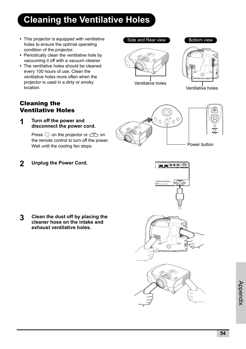 Cleaning the ventilative holes, Appendix | Knoll Systems Front Projector 1080p DLP User Manual | Page 55 / 68