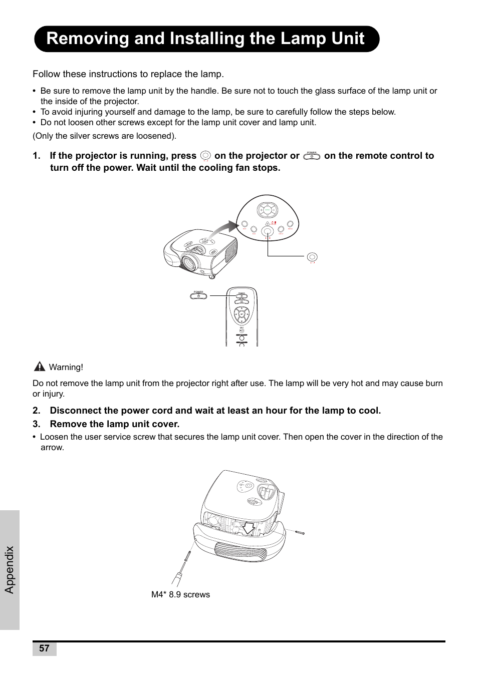 Removing and installing the lamp unit, Appendix, Follow these instructions to replace the lamp | Knoll Systems Front Projector 1080p DLP User Manual | Page 58 / 68