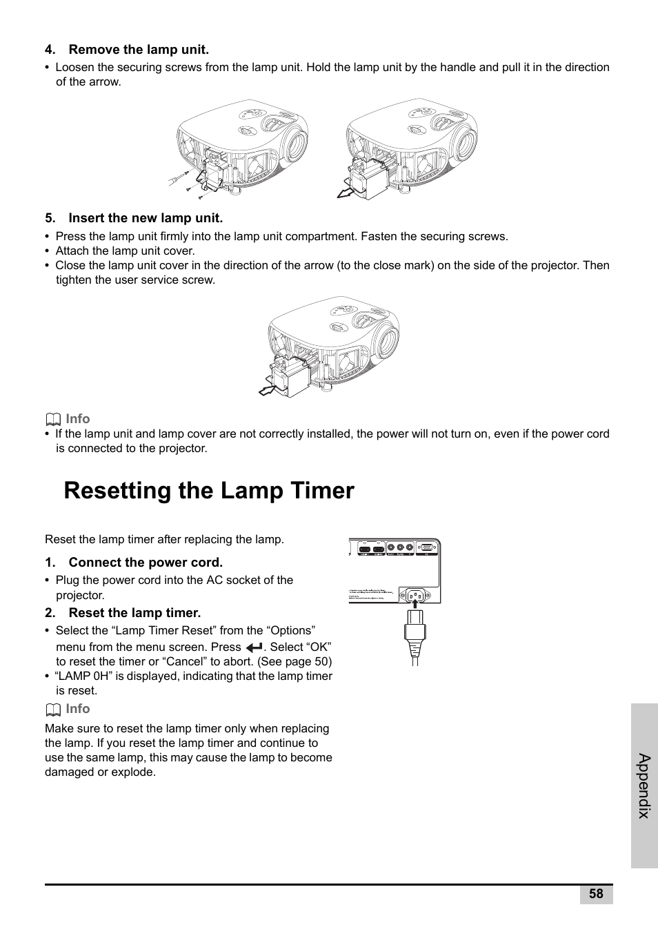 Resetting the lamp timer, Appendix | Knoll Systems Front Projector 1080p DLP User Manual | Page 59 / 68