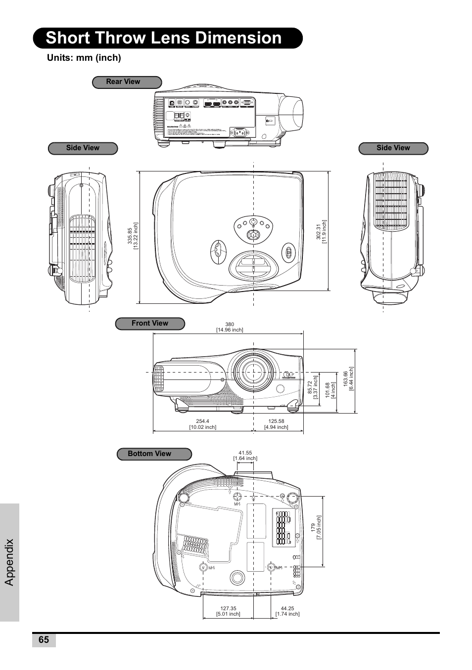 Short throw lens dimension, Appendix, Units: mm (inch) | Knoll Systems Front Projector 1080p DLP User Manual | Page 66 / 68