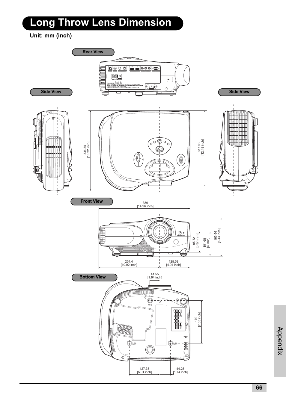 Long throw lens dimension, Appendix, Unit: mm (inch) | Knoll Systems Front Projector 1080p DLP User Manual | Page 67 / 68