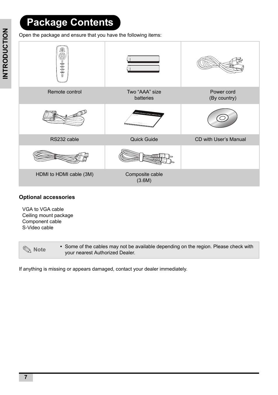 Package contents, Introduction, Optional accessories | Knoll Systems Front Projector 1080p DLP User Manual | Page 8 / 68