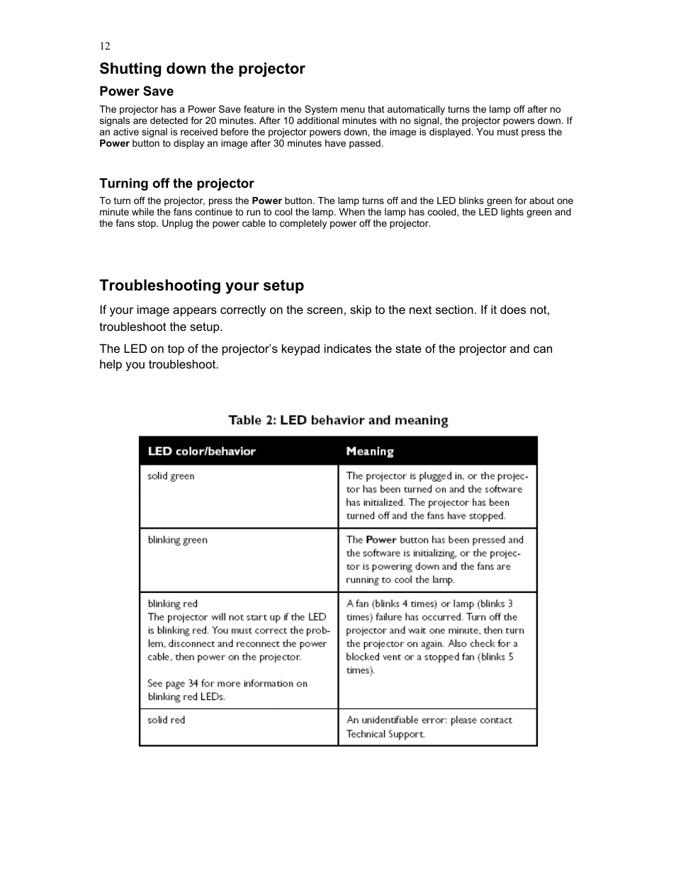 Turning off the projector, Shutting down the projector, Troubleshooting your setup | Knoll Systems HD177 User Manual | Page 12 / 34