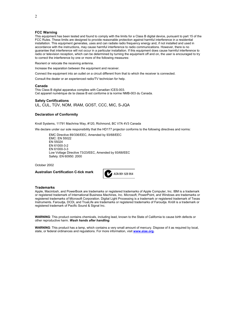 Knoll Systems HD177 User Manual | Page 2 / 34