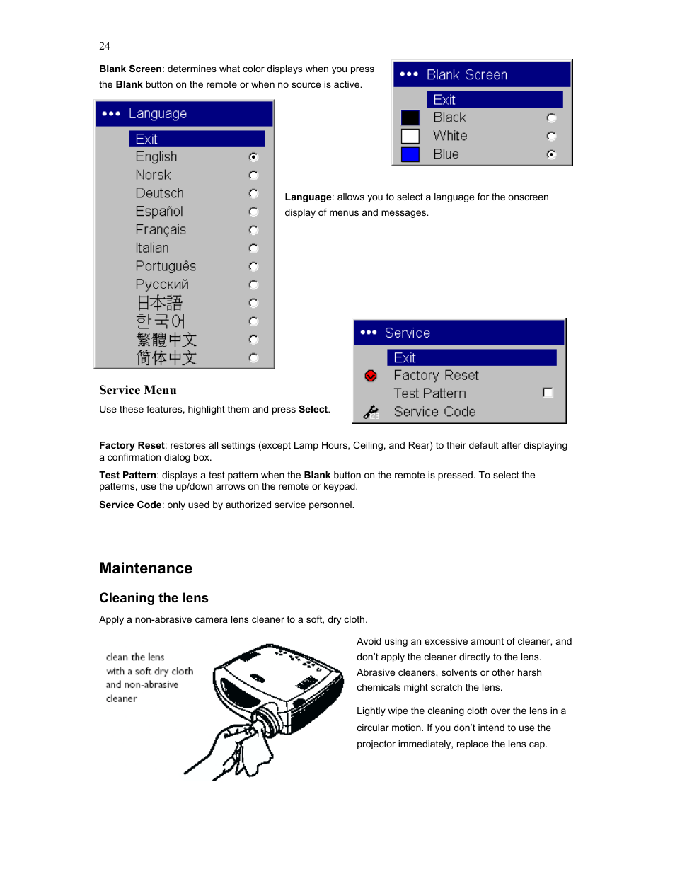 Service menu, Maintenance | Knoll Systems HD177 User Manual | Page 24 / 34