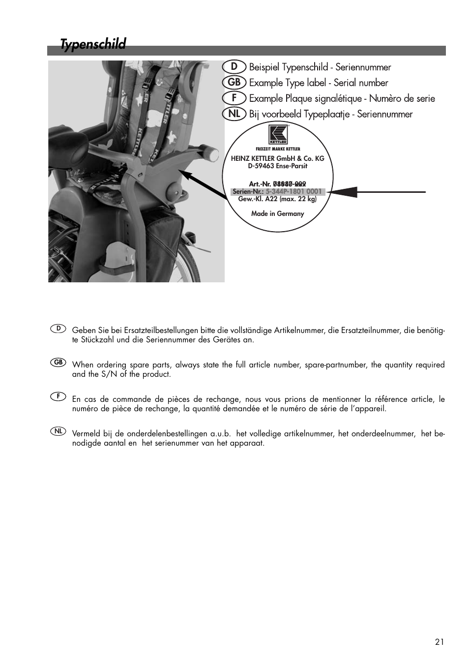 Typenschild, Nl f gb d | Kettler 08947-570 User Manual | Page 13 / 16