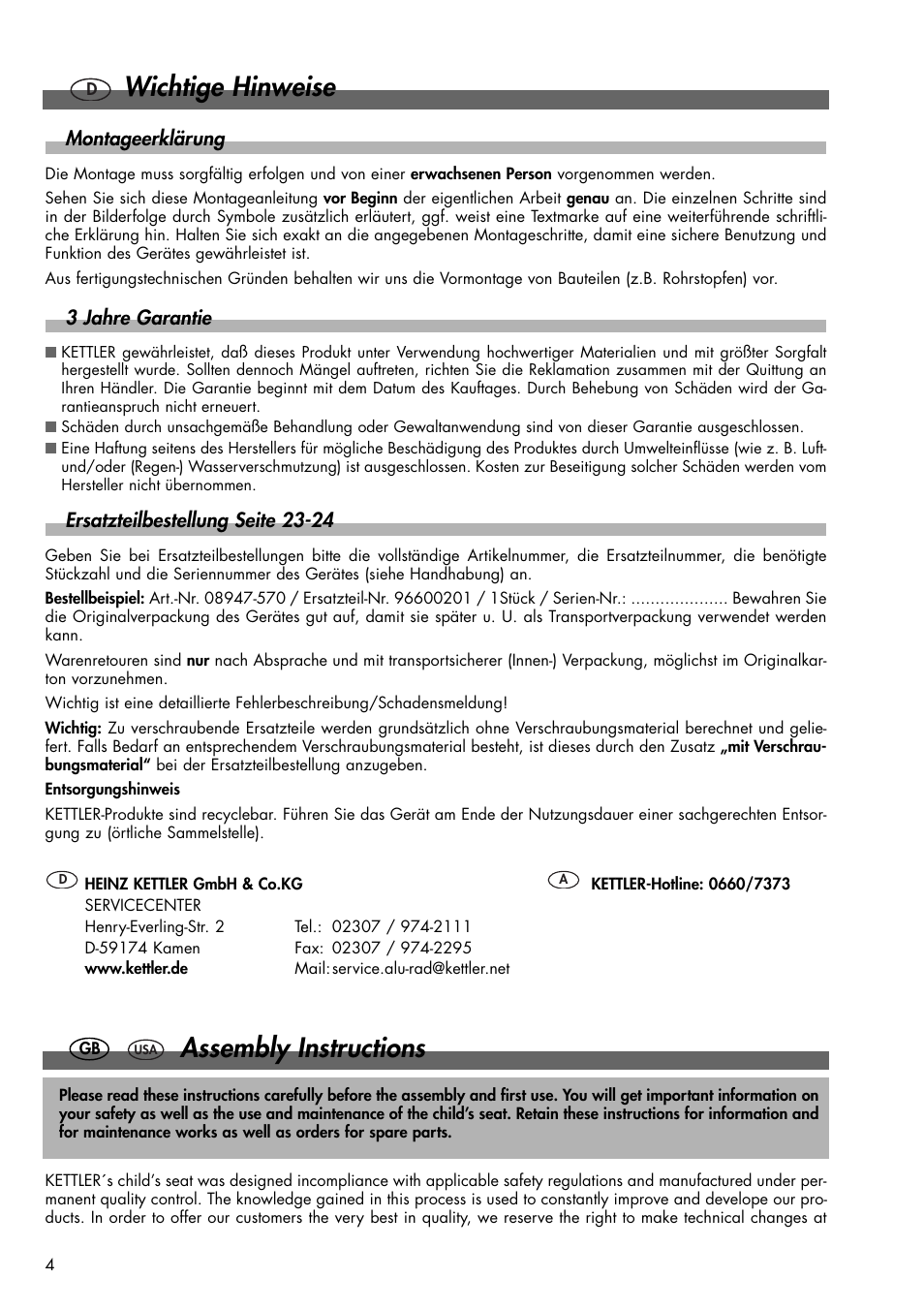 Assembly instructions, Wichtige hinweise | Kettler 08947-570 User Manual | Page 2 / 16