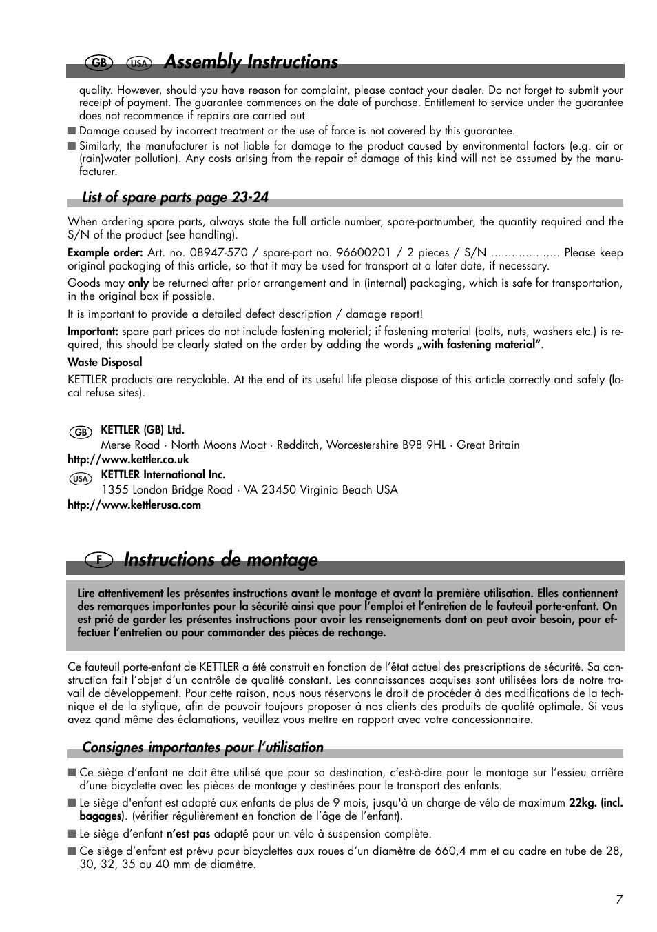 Assembly instructions, Instructions de montage, List of spare parts page 23-24 | Consignes importantes pour l’utilisation | Kettler 08947-570 User Manual | Page 5 / 16