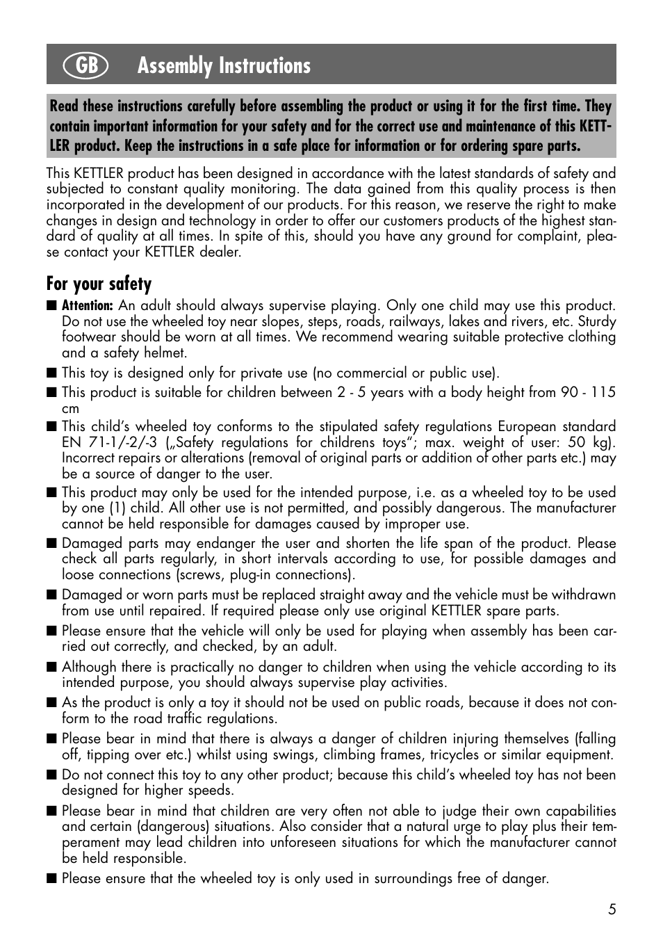 Assembly instructions, For your safety | Kettler 08847-500 User Manual | Page 2 / 18
