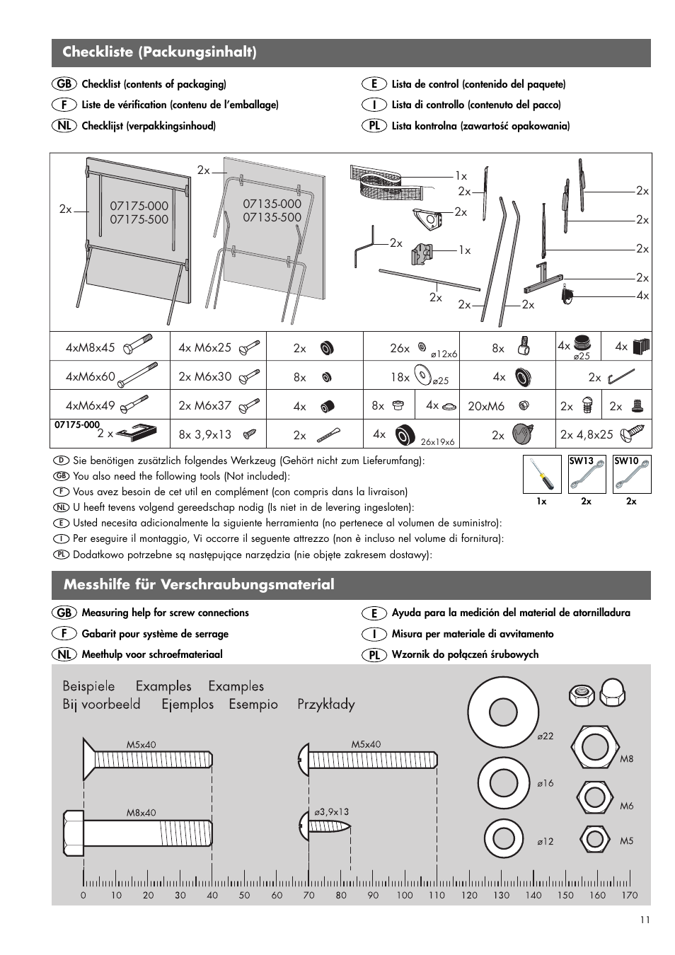 Checkliste (packungsinhalt), Messhilfe für verschraubungsmaterial | Kettler 07175-000/-500 User Manual | Page 4 / 17