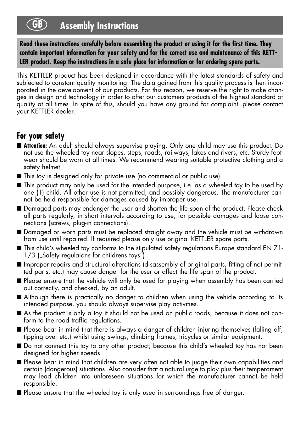 Assembly instructions, For your safety | Kettler 8718-710-720-730-750 User Manual | Page 2 / 16