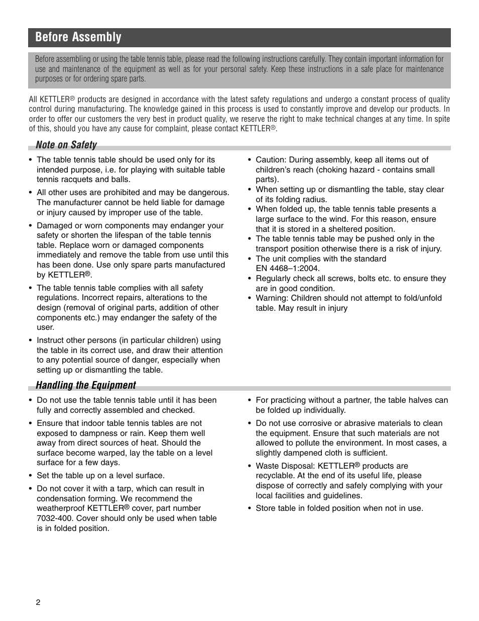 Before assembly, Handling the equipment | Kettler 7136-000-500 User Manual | Page 2 / 28
