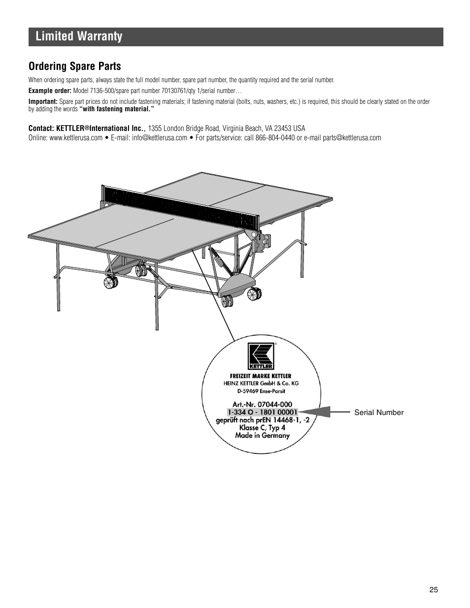 Limited warranty, Ordering spare parts | Kettler 7136-000-500 User Manual | Page 25 / 28