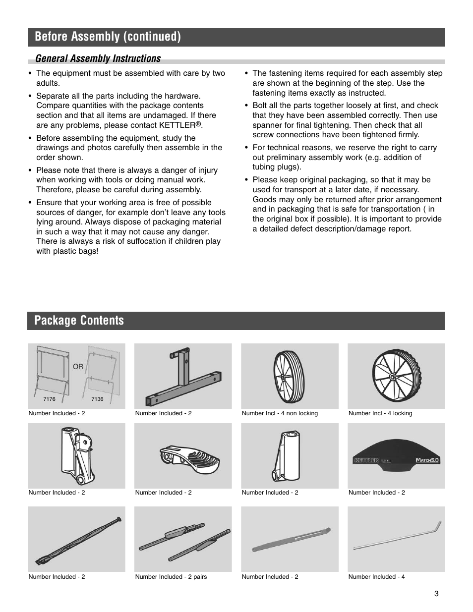 Before assembly (continued), Package contents, General assembly instructions | Kettler 7136-000-500 User Manual | Page 3 / 28