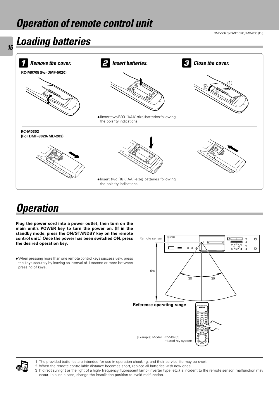 Operation of remote control unit, Operation, Loading batteries | Kenwood DMF-5020 User Manual | Page 16 / 56