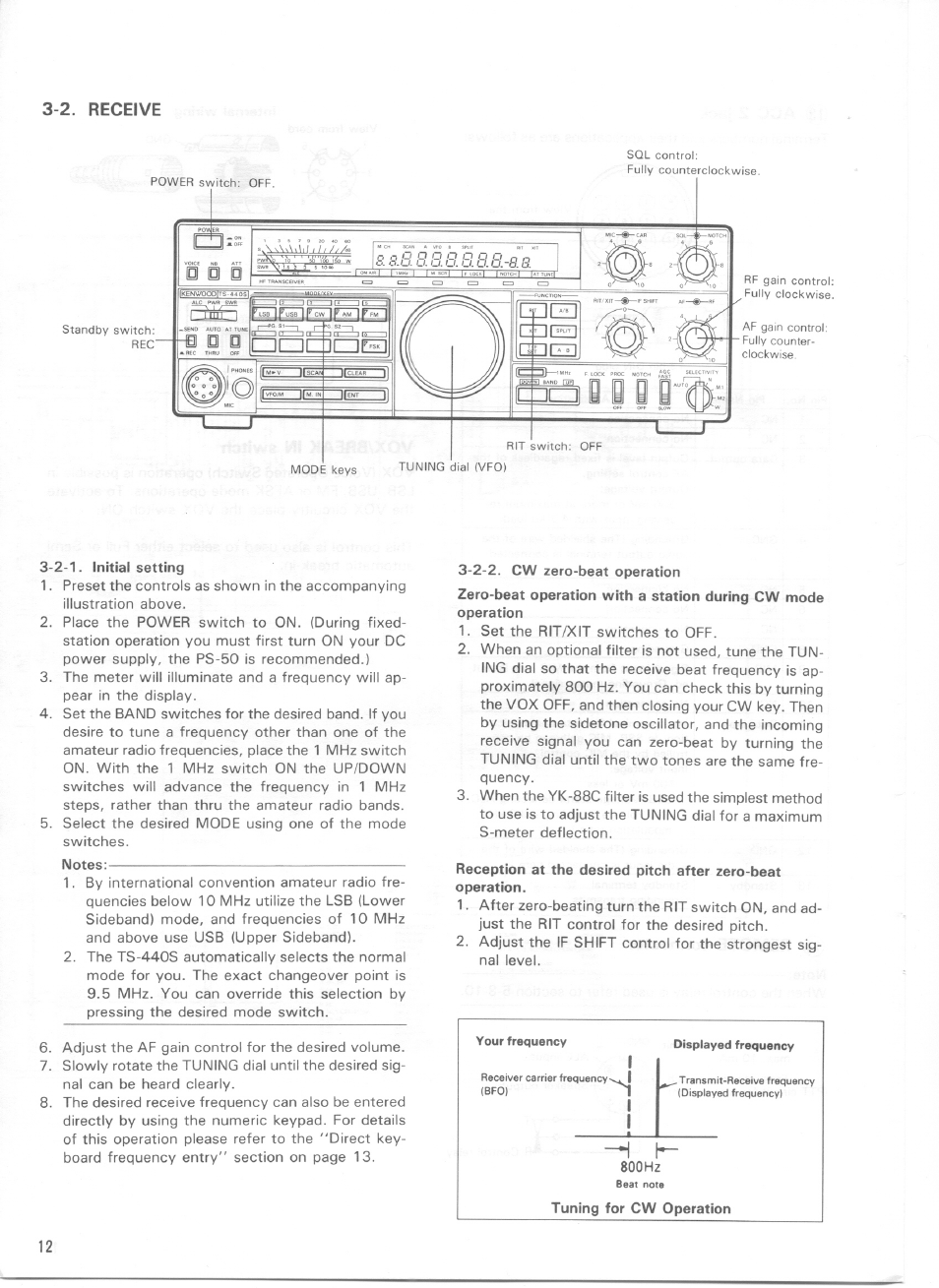 2. receive, 2-1. initial setting, Notes | 2-2. cw zero-beat operation, Reception at the desired pitch after zero-beat, 2-1. initial setting 3-2-2. cw zero-beat operation | Kenwood TS-440S User Manual | Page 14 / 57
