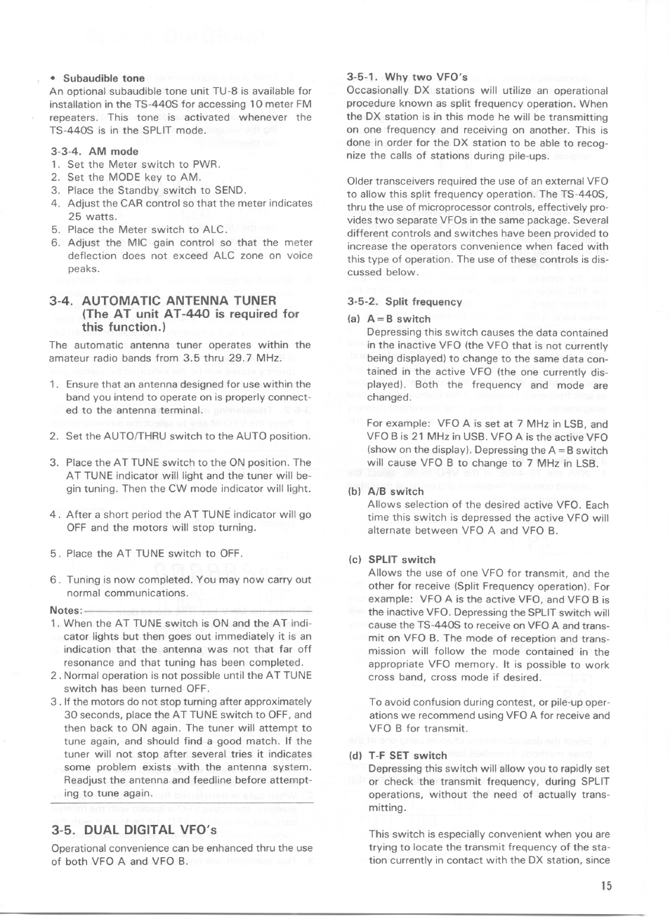 4. automatic antenna tuner, The at unit at-440 is required for this function.), 5. dual digital vfo's | 4. automatic antenna tuner 3-5. dual digital vfo's | Kenwood TS-440S User Manual | Page 17 / 57
