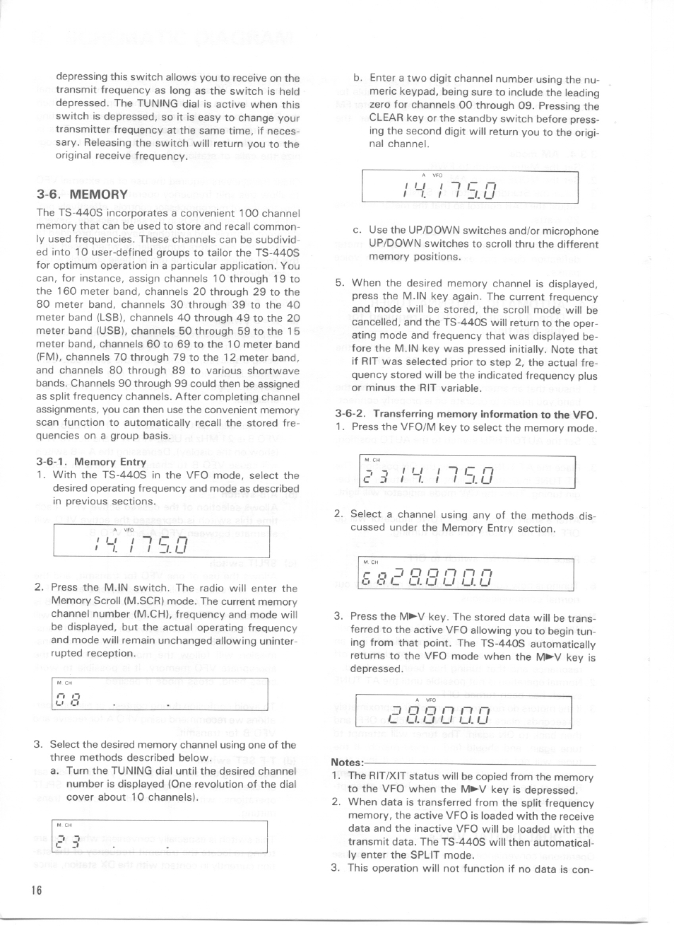 6. memory, 6-1. memory entry, 6-2. transferring memory information to the vfo | Notes, U u u. u | Kenwood TS-440S User Manual | Page 18 / 57