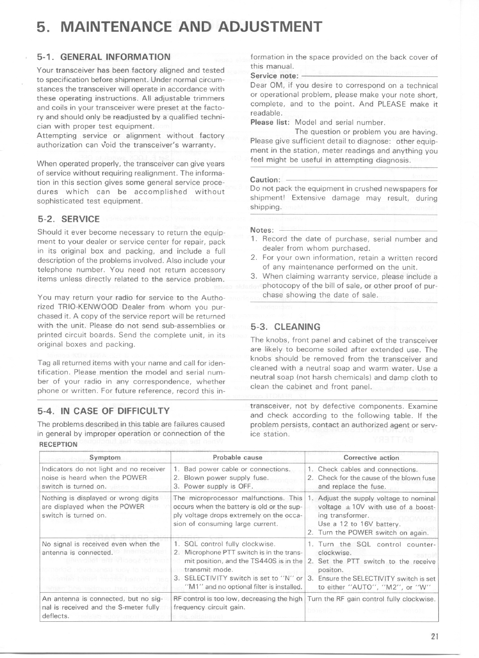 Maintenance and adjustment, 1. general information, 2. service | 3. cleaning, 4. in case of difficulty, 1. general information 5-2. service 5-3. cleaning | Kenwood TS-440S User Manual | Page 23 / 57
