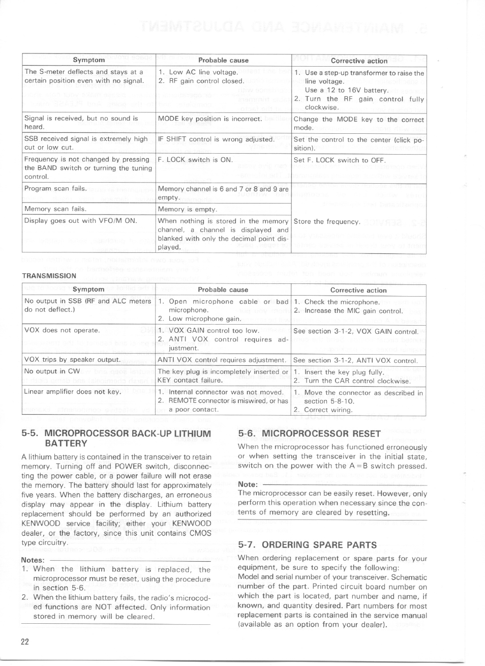 5. microprocessor back-up lithium battery, 6. microprocessor reset, 7. ordering spare parts | 6. microprocessor reset 5-7. ordering spare parts | Kenwood TS-440S User Manual | Page 24 / 57