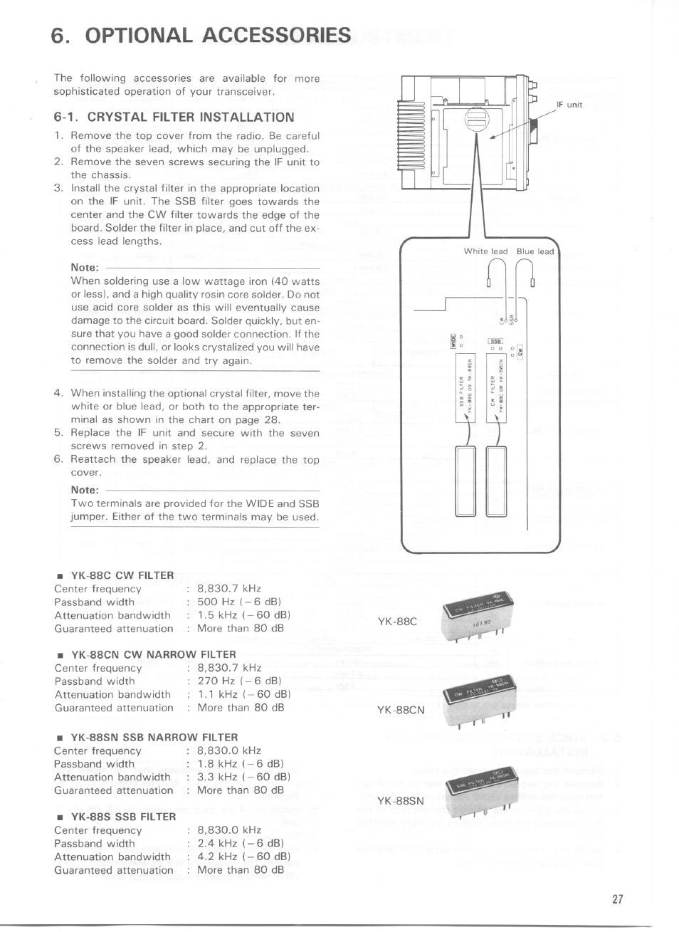 Optional accessories, 1. crystal filter installation, Note | Yk-88c cw filter, Yk-88cn cw narrow filter, Yk-88sn ssb narrow filter, Yk-88s ssb filter | Kenwood TS-440S User Manual | Page 29 / 57