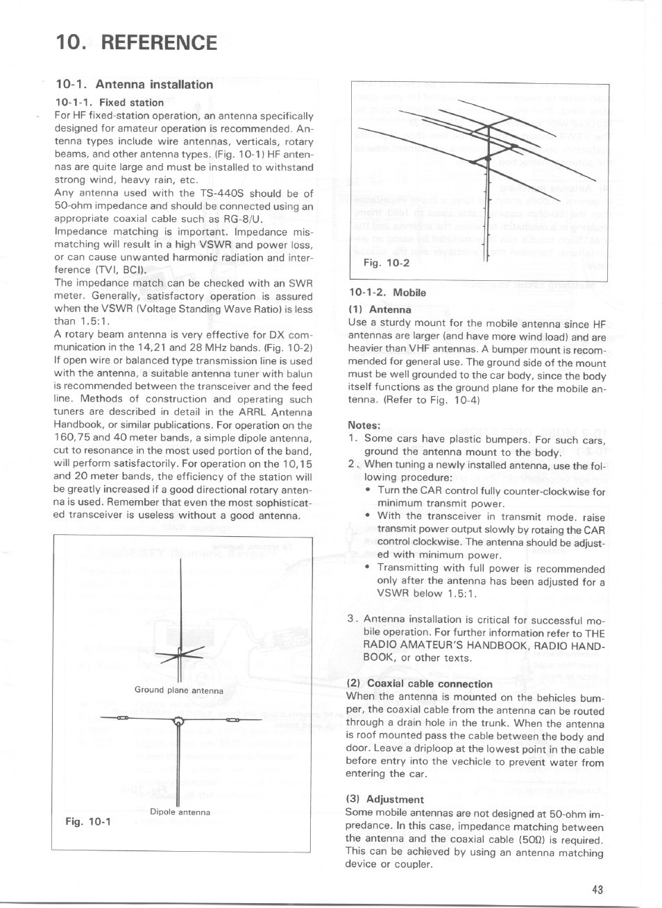 Reference, 1. antenna installation, 1-1. fixed station | 1) antenna, Notes, 2) coaxial cable connection, 3) adjustment | Kenwood TS-440S User Manual | Page 52 / 57