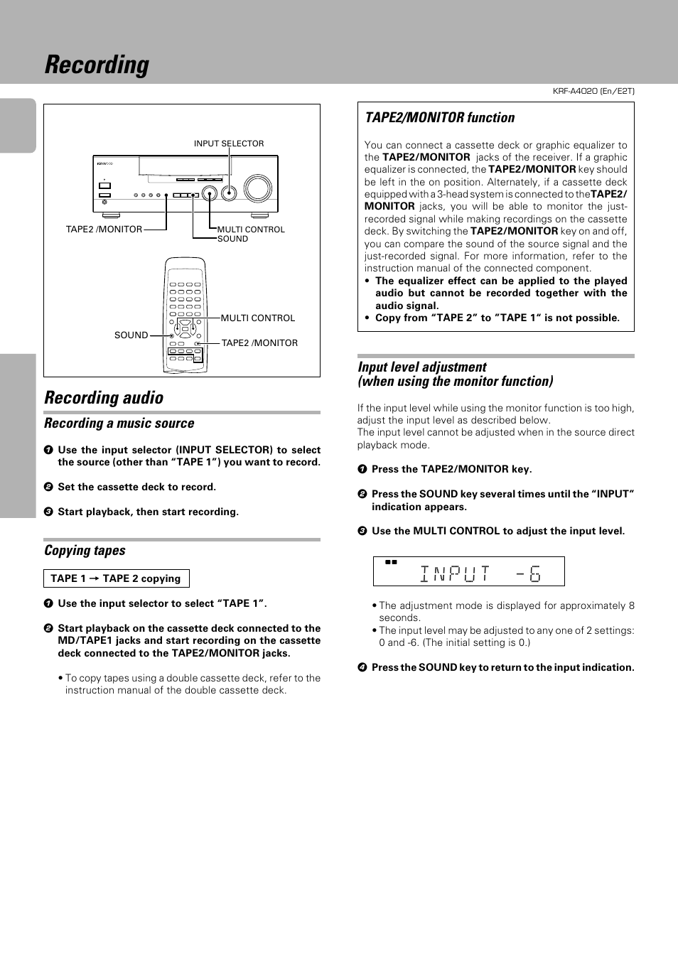 Recording, Recording audio, Recording a music source | Copying tapes, Tape2/monitor function | Kenwood KRF-A4020 User Manual | Page 12 / 20