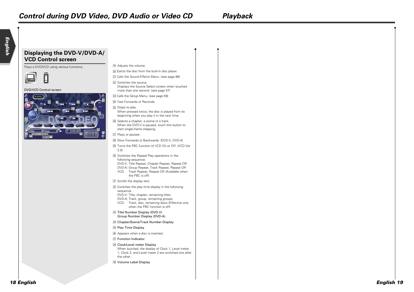 Displaying the dvd-v/dvd-a/ vcd control screen, English english 19 18 english | Kenwood KVT-915DVD User Manual | Page 10 / 57