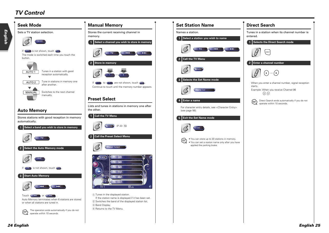 Tv control, Seek mode, Preset select | Set station name, Direct search, English english 25 24 english | Kenwood KVT-915DVD User Manual | Page 13 / 57
