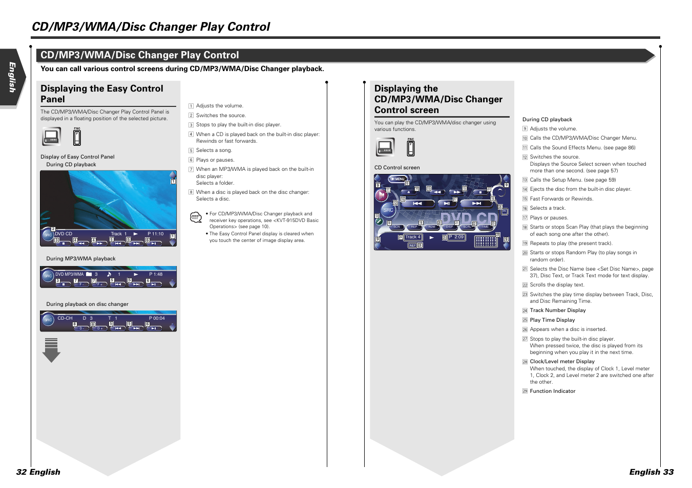 Cd/mp3/wma/disc changer play control, Displaying the easy control panel, English 32 english | English 33 | Kenwood KVT-915DVD User Manual | Page 17 / 57