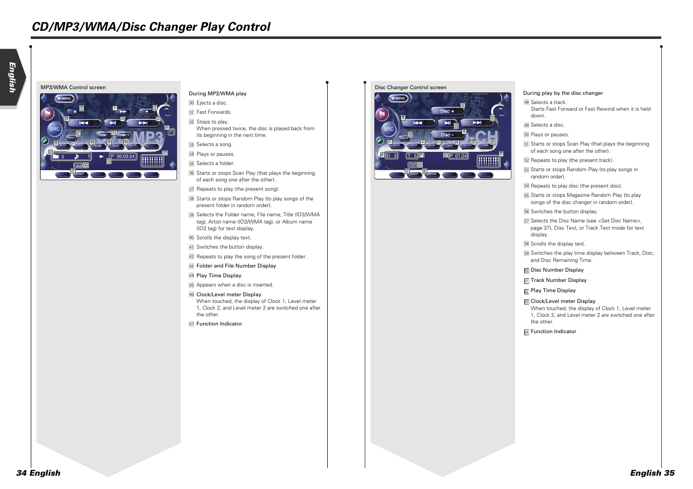 Cd/mp3/wma/disc changer play control, English 34 english english 35 | Kenwood KVT-915DVD User Manual | Page 18 / 57