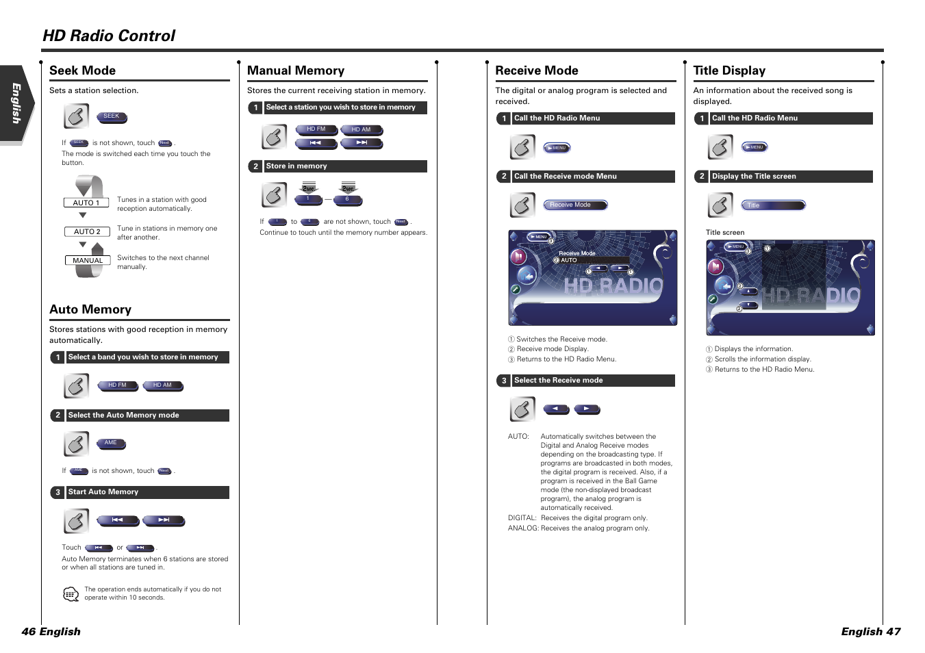 Hd radio control, Seek mode, Receive mode | Title display, English 47, English 46 english | Kenwood KVT-915DVD User Manual | Page 24 / 57