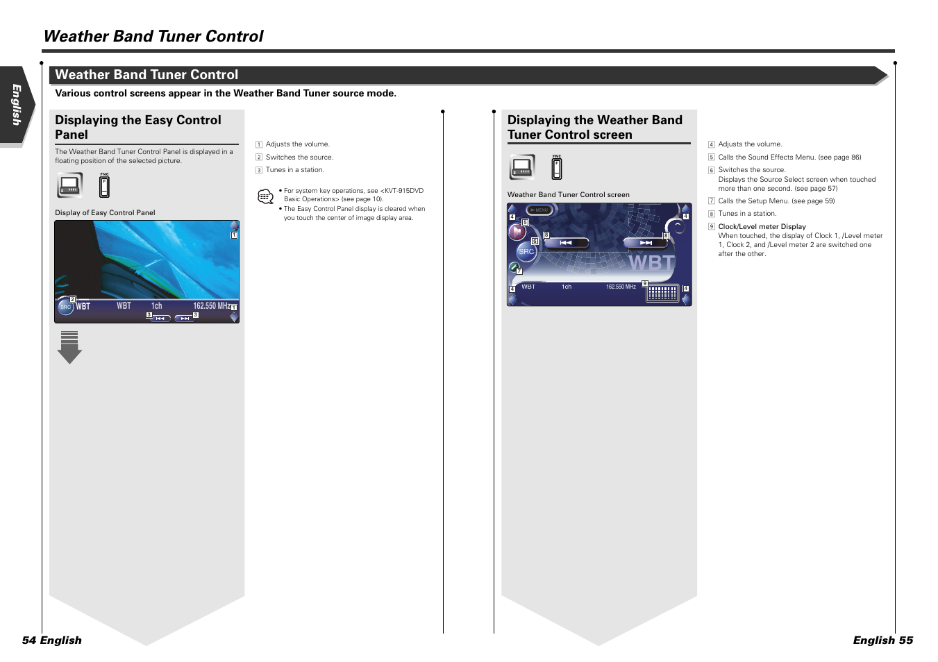 Weather band tuner control, Displaying the weather band tuner control screen, Displaying the easy control panel | English english 55 54 english | Kenwood KVT-915DVD User Manual | Page 28 / 57