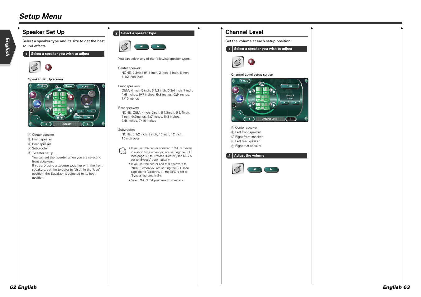 Setup menu, Channel level, Speaker set up | English 62 english english 63 | Kenwood KVT-915DVD User Manual | Page 32 / 57