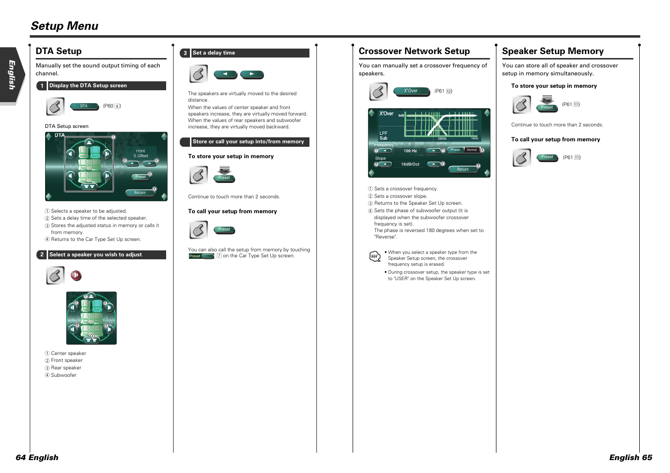 Setup menu, Dta setup, Crossover network setup | English english 65 64 english | Kenwood KVT-915DVD User Manual | Page 33 / 57
