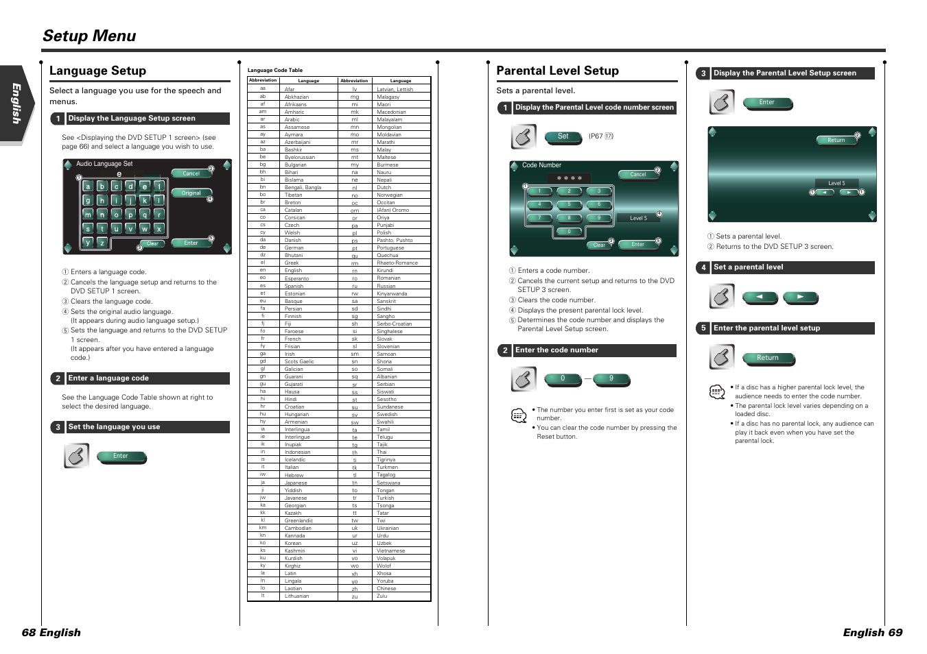 Setup menu, Parental level setup, Language setup | English 69 english 68 english | Kenwood KVT-915DVD User Manual | Page 35 / 57
