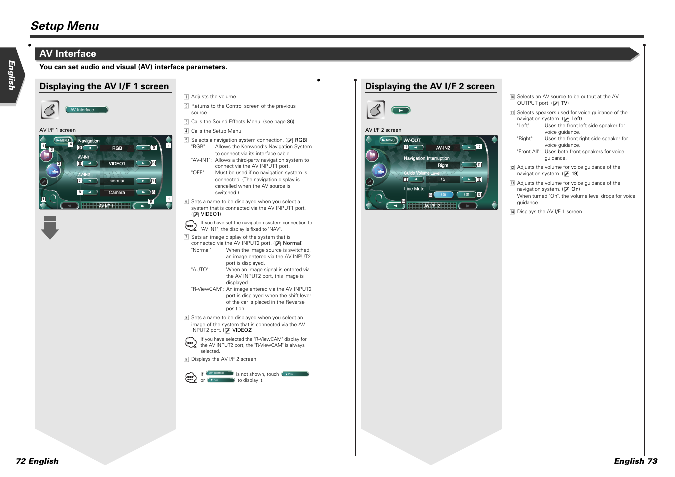 Setup menu, Av interface, Displaying the av i/f 1 screen | Displaying the av i/f 2 screen, English english 73 72 english | Kenwood KVT-915DVD User Manual | Page 37 / 57