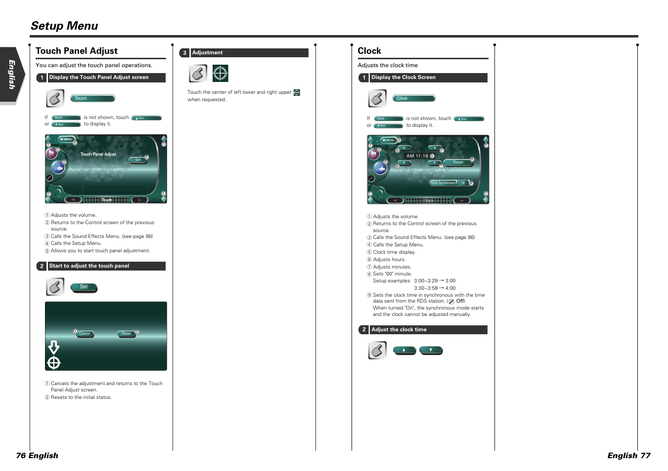 Setup menu, Touch panel adjust, Clock | English english 77 76 english | Kenwood KVT-915DVD User Manual | Page 39 / 57