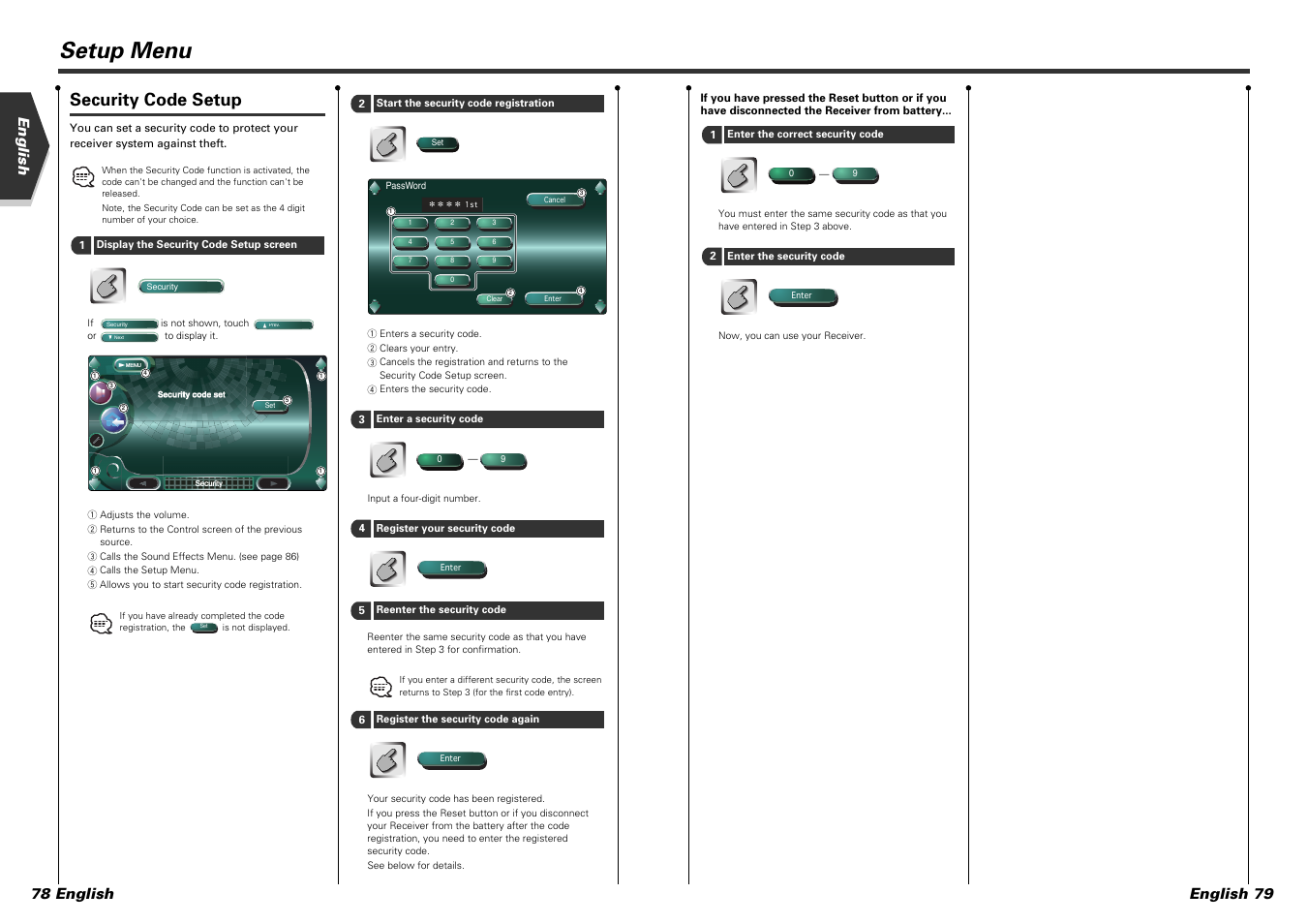 Setup menu, Security code setup, English 78 english english 79 | Kenwood KVT-915DVD User Manual | Page 40 / 57