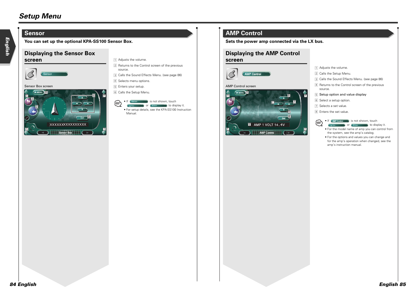 Setup menu, Amp control, Sensor | Displaying the amp control screen, Displaying the sensor box screen, English 85 english 84 english | Kenwood KVT-915DVD User Manual | Page 43 / 57