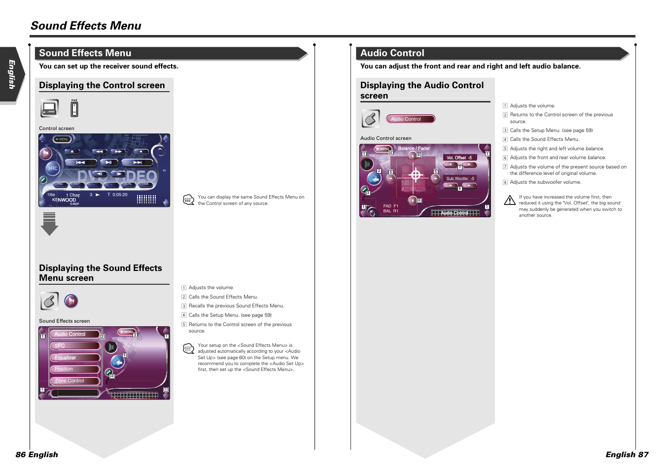 Sound effects menu, Audio control, Displaying the control screen | Displaying the sound effects menu screen, Displaying the audio control screen, English english 87 86 english | Kenwood KVT-915DVD User Manual | Page 44 / 57