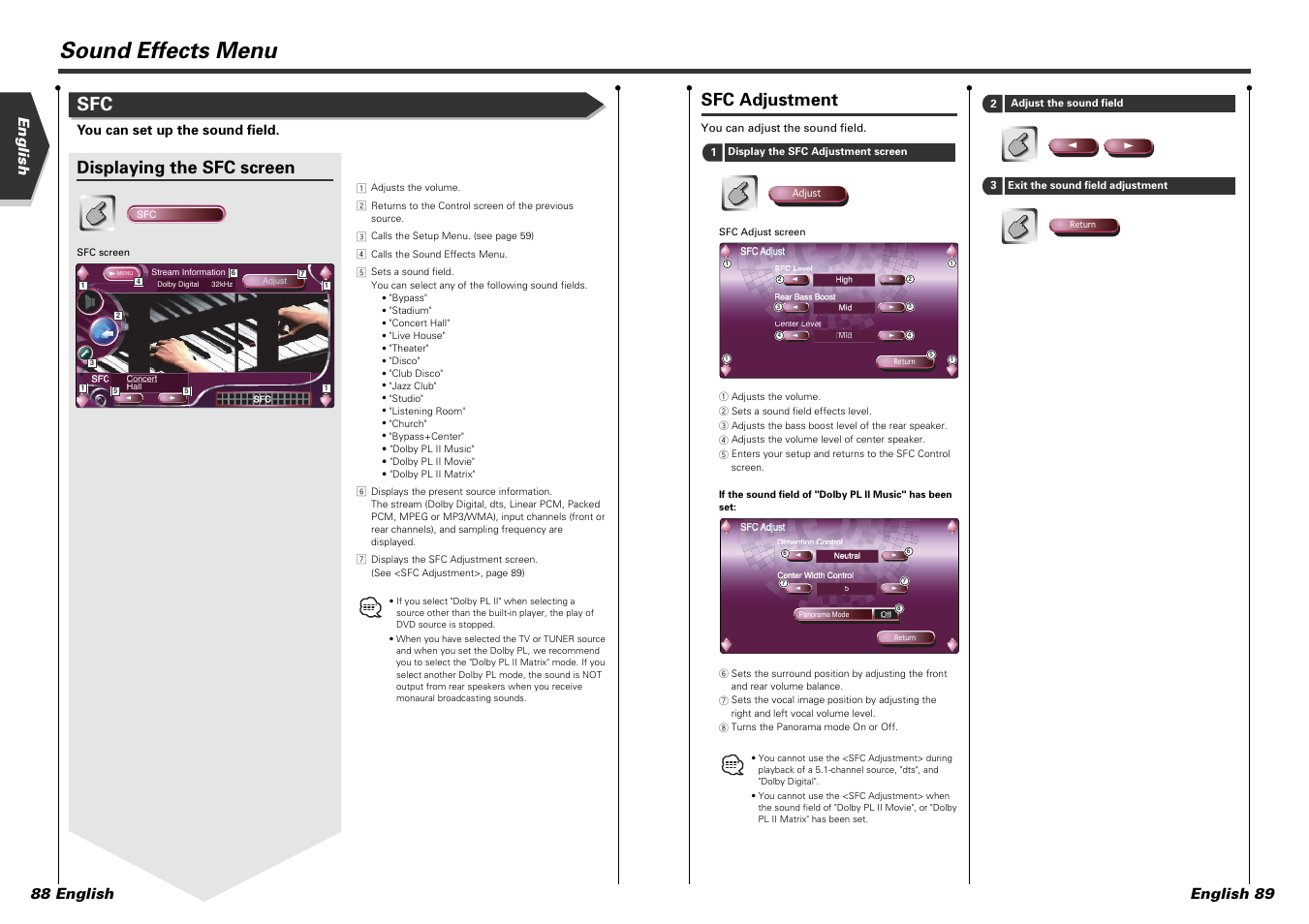 Sound effects menu, Sfc adjustment, Displaying the sfc screen | English 88 english english 89, You can set up the sound field | Kenwood KVT-915DVD User Manual | Page 45 / 57