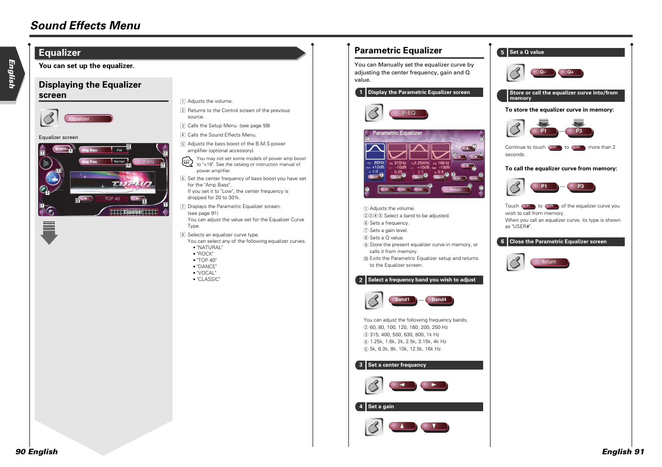 Sound effects menu, Equalizer, Parametric equalizer | Displaying the equalizer screen, English 90 english english 91, You can set up the equalizer | Kenwood KVT-915DVD User Manual | Page 46 / 57