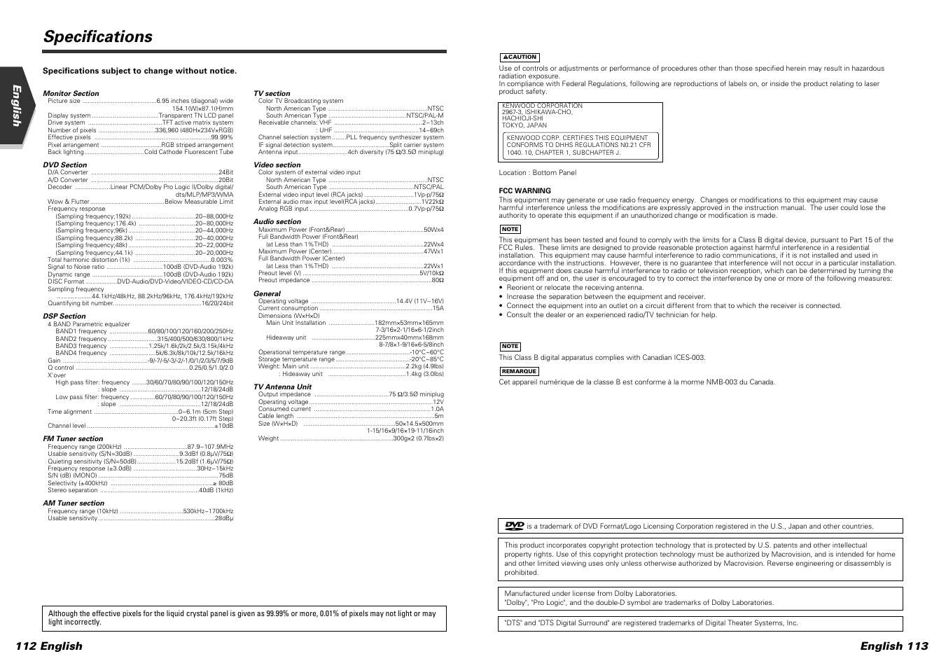 Specifications, 112 english english, English 113 | Kenwood KVT-915DVD User Manual | Page 57 / 57
