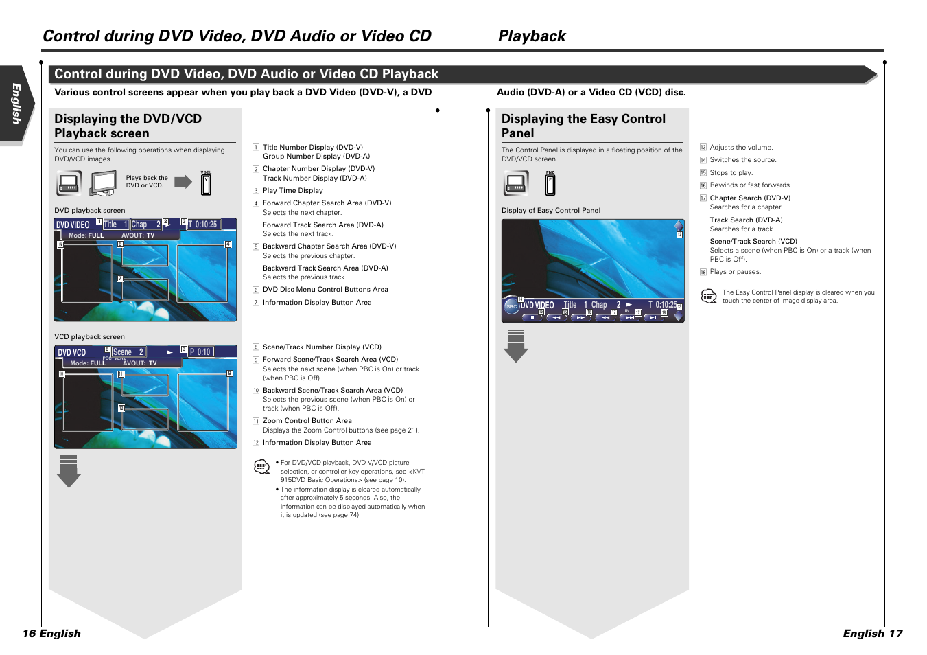 Att ti sourc e eject, Displaying the easy control panel, Displaying the dvd/vcd playback screen | English english 17 16 english | Kenwood KVT-915DVD User Manual | Page 9 / 57