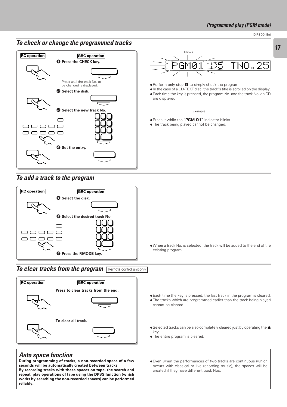 To check or change the programmed tracks, To add a track to the program, To clear tracks from the program | Auto space function, Programmed play (pgm mode) | Kenwood D-R350 User Manual | Page 17 / 28